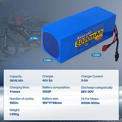 Image of 36V Ebike Battery 8Ah 36V Lithium Battery with 2A Charger, T-Plug, XT60 Connector and BMS for 250-1000W Electric Bicycles Motor /Ebike Kit