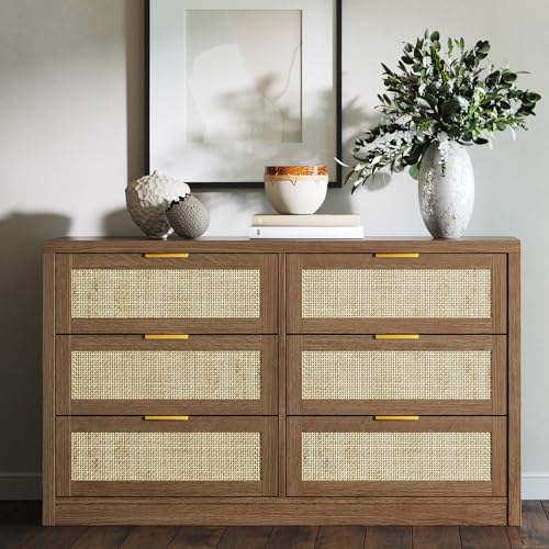 6 Drawer Dresser for Bedroom, 52.7" Wide Rattan Dresser, Wooden with Gold Handles, Farmhouse Tv Stand Entryway Table, Modern Chest of Drawers for Living Room, Entryway