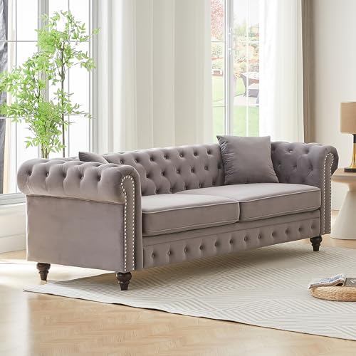 Image of Mid Century Modern Couch, 85.5 inchW Velvet Fabric Button Tufted Oversized Loveseat Sofa with Nailhead Trim & Roll Armrests, Deep Seat Comfy Chesterfield Sofa for Living Room, Office(3 Seater, Light Grey)