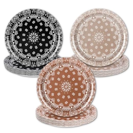 Whaline 48Pcs Western Bandana Paper Plates Disposable Plate 3 Colors Wild West Cowboy Paisley Dinner Plates for Wild One Yeehaw Bday Birthday Baby Shower, 9 Inch