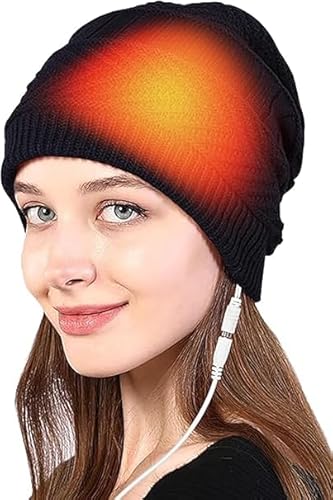 Black Heated Beanie Hat, USB Electric Warm Heated for Women and Men, 2 in 1 Electric Warm Heated Hat Neck Scarf Warmer Set for Skiing, Hiking(No Battery)
