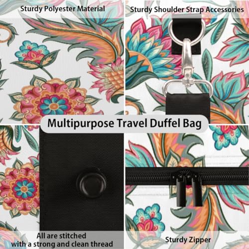 Tribal Ethnic Flower Leaves Travel Duffel Bag, Vintage Sports Tote Gym Bag, Foldable Weekender Overnight Bag, Luggage Handle Bag for Women Men3