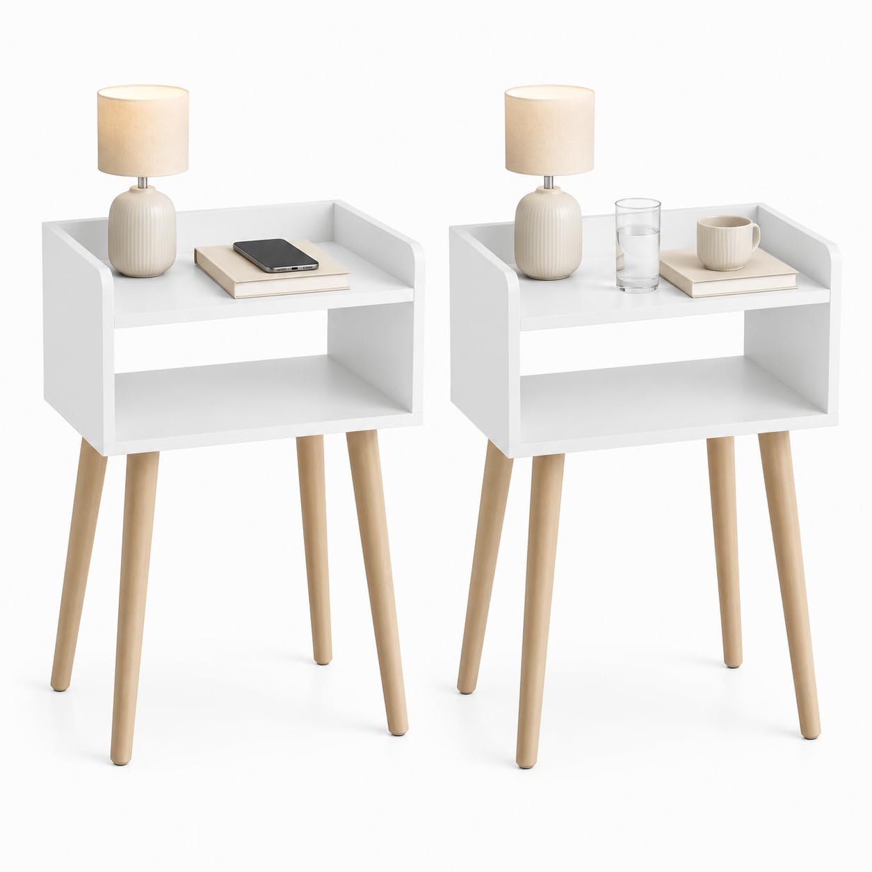URBNLIVING Modern Bedside Table with 2 Shelves, Storage Display Unit, Solid Pinewood Legs, Contemporary Nightstand for Bedroom, Living Room & Home Office Set of 2