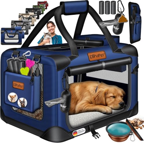 LOVPET® Transportbox Hund Katze Transporttasche S 50x34x36cm | Hunde-Tragetasche Faltbare Katzentasche | Haustier-Transportbox inkl. Hundenapf & Schultergurt | für Katzen & Hunde Navyblau