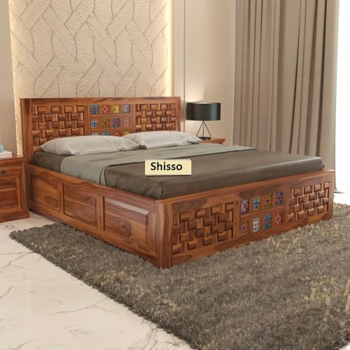 Image of Shisso Furniture Sheesham Queen Queen Size Double Bed with Storage Box for Living Room, Bed Room Solid Wood Queen Box Bed | Finish Color - Honey Brown, DIY