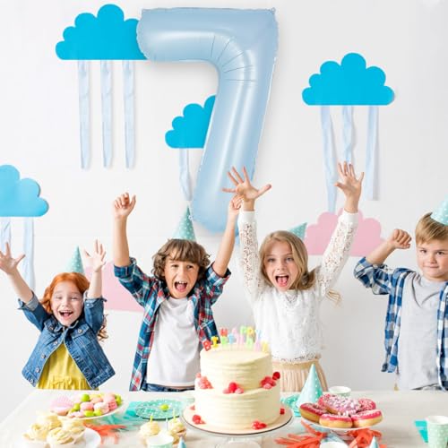 Image of Light Blue Number 7 Balloon, 40 Inch Big Large Foil Number Balloons, Giant Mylar Number 7 Balloons for 7 Year old Birthday Baby Party Decorations Supplies Anniversary