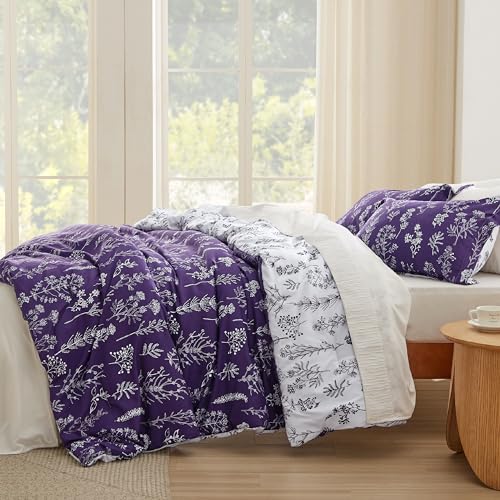 Image of Bedsure Full Comforter Set - Dark Purple Bed Set, 3 Pieces Cute Floral Bedding, 1 Soft Reversible Botanical Flowers Comforter and 2 Pillow Shams