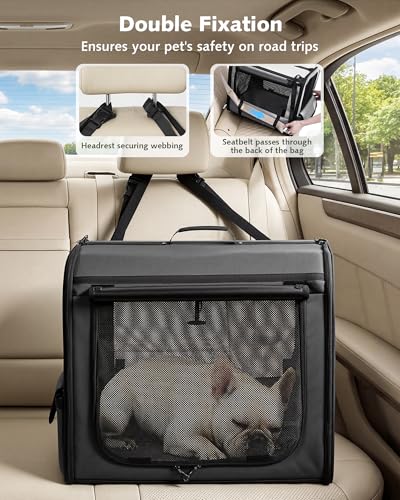 Dog Car Carrier Light Weight, 24×17.7×20.5in Dog Carrier for Cars Easy to Assemble, Dog Cars Crate Portable and Breathable, Foldable Pet Carrier for Outing, Dogs Travel Crate with Curtain Dark Gray - Image 3