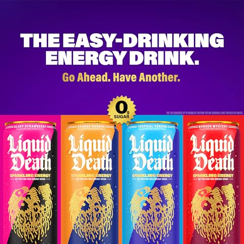 Image of Liquid Death Sparkling Energy Variety Pack, Zero Sugar Energy Drink, Unextreme Caffeine 100mg, Essential Vitamins, 3 Flavors: Strawberry, Orange, and Murder Mystery, 12 Fl Oz (Pack of 12)