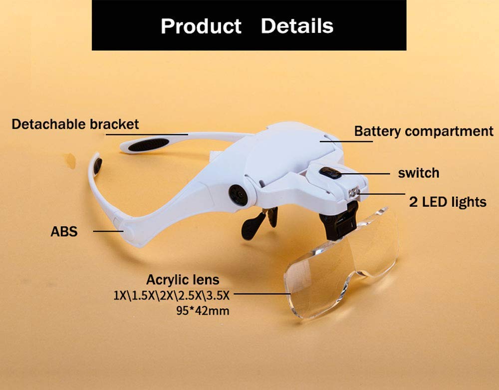 Lupa Portátil con Diadema, Lente De Aumento Ajustable, Ideal para Electricistas, Joyeros, Costureras, Procesos Y Personas Mayores.