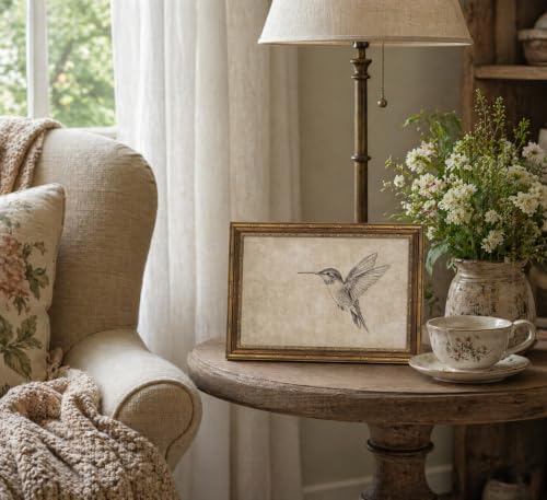 Image of Gold Framed 3D Textured Wall Art, Vintage Sketch Hummingbird Canvas Prints, Minimalist Neutral Birds Pictures Decor, Antique Naturalist Specimen Painting Artwork for Living Room Bathroom 16x24 in