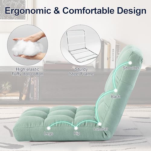 Image of Folding Floor Chair with Back Support, Adjust Lay Flat Recliner Oversized Lounge Wide Lazy Boy Gaming Ergonomic Single Sofa Seat for Living Room Bedroom(Green)