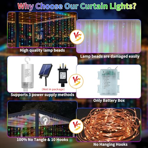 GCMacau Battery Powered Curtain Lights with Remote Control, 3 m x 3 m, 300 LEDs, Multicolour - Image 2