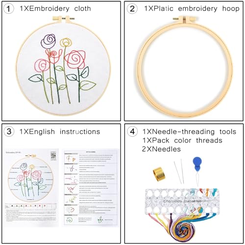Image of Easy Flower Embroidery Kits for Beginners Adults, Minimalism Embroidery Starter Kits, Counted Cross Stitch Kits for Beginners Adults Hobbies Set for Women, Embroidery Hoops, Thread and Video Tutorial