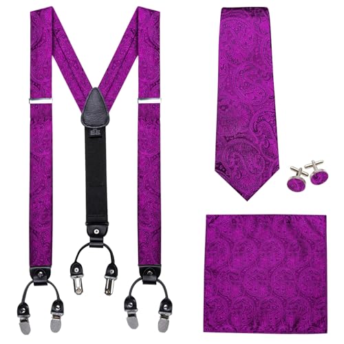 Image of Barry.Wang Men Suspender Set with Necktie Elastic Y Type Heavy Duty 6 Clips Braces Tie Handkerchief Cufflink Pin 6PCS