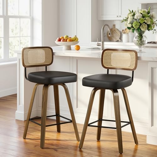 Bekrvio Lot de 2 tabourets de bar avec dossier, hauteur d'assise 65 cm, rotatif à 360°, tabouret de bar en rotin en bois avec siège extra épais (7,1 cm), 4...