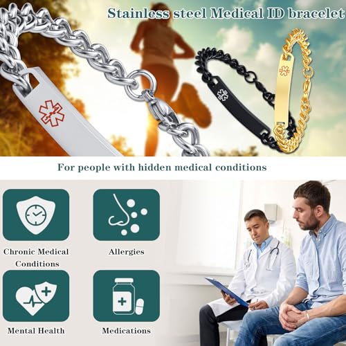XUANPAI Medical Alert ID Bracelet When 4pcs Couple Necklace Bracelet Set, in The Trash Engraved ID Bracelets for Men or Women,2 Pcs - Image 5