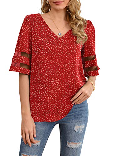 Jouica Women Chiffon T-Shirt Blouse Scoop Neck 3/4 Sleeve Casual Top,Flower Wine Red,Small #TOP1