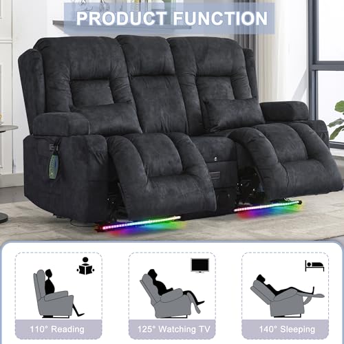 Image of URRED Loveseat Recliner Sofa with Massage and Heat, Power Reclining Loveseat Sofa RV Couch with Console, Home Theater Seating with LED Lights, Bluetooth Speakers, USB, Outlets, Velvet, Dark Grey