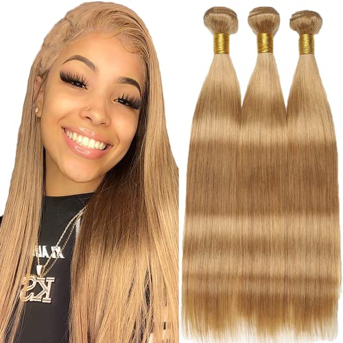 Honey Blonde Bundles #27 Blonde Straight Bundles Human Hair 8 10 12 Inches 100% Unprocessed Brazilian Virgin Hair Honey Blonde Straight 3 Bundles Double Weft Weave Extensions Hair For Women
