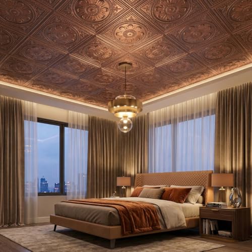 Image of Kayra Decor PVC Ceiling Panel 2x2 Feet (60x60 cm) - Regal Ornate Design, Red Copper | Pack of 12 3D Decorative Ceiling & Wall Panels | Waterproof Home Interior Decor