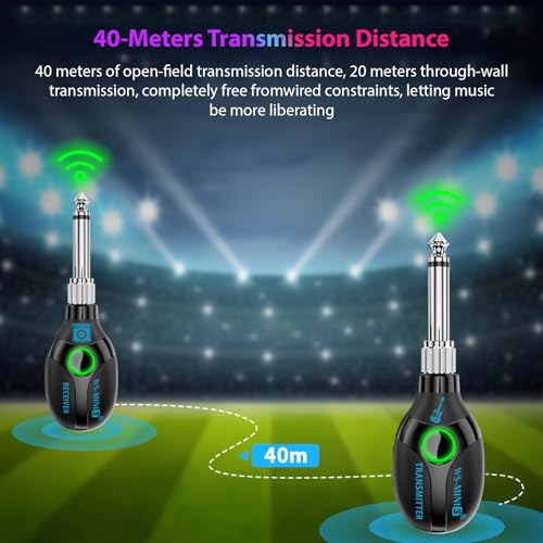 Sistema inalámbrico para guitarra 2.4G con transmisor y receptor, compartimento de carga, sistema de audio, transmisión de 4 canales, plug and play, recargable para guitarra eléctrica/acústica y bajo miniatura 2