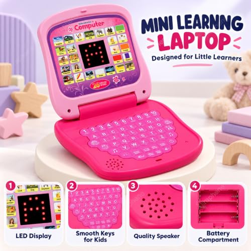 Image of Graphene Educational Learning Laptop Toy Mini Computer for Kids Tablet Led Display Music Games Fun Activities Baby Laptop Battery Operated Indoor Toys Gift for 2 3 4 5 Years Girl Boy Pink