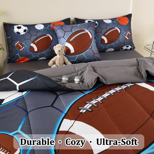 Image of 4 Pcs Sports Bedding Set for Boys Twin, Basketball Baseball Football Soccer Bedding Twin Boys Comforter Set