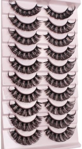 Russian Strip Lashes Wispy Natural D Curl False Lashes Fluffy Natural Look Faux Mink Eyelashes 10 Pairs Fake Eye Lashes Pack(12mm)