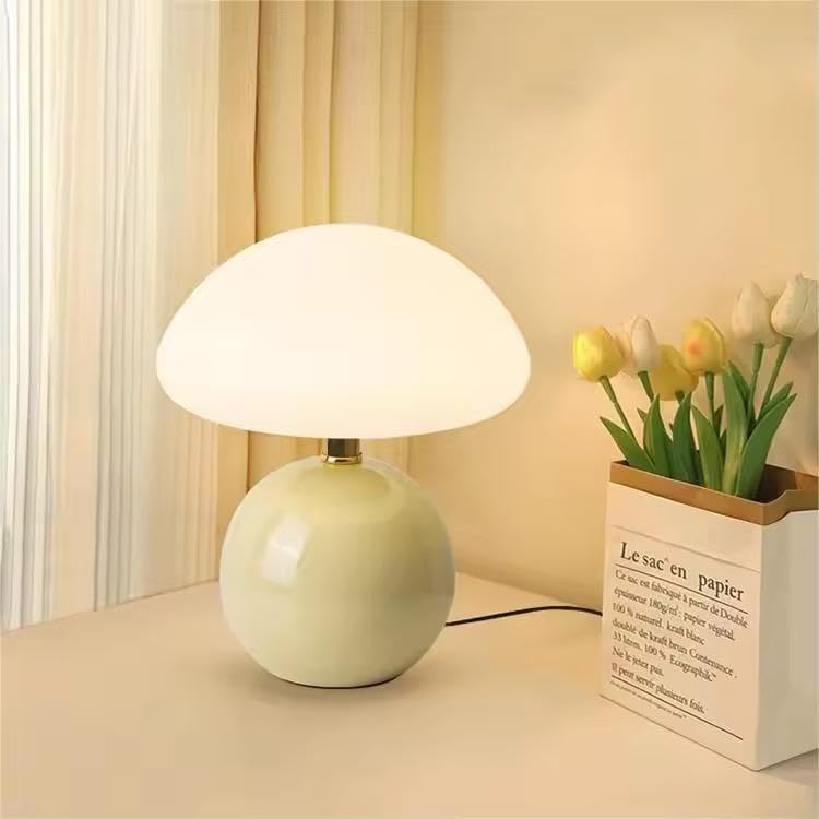 Image of Decorative Green Mushroom Desk Lamp|Minimalist Table Lamp- USB Rechargeable, 3 Colour LED, Dimmer Option for Bedroom, Study & Home Decor