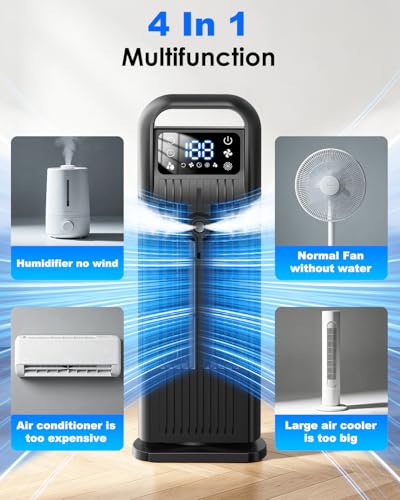Image of Portable Air Conditioner, 4 in 1 Evaporative Air Cooler with Remote Control, 1200ML Water Tank, 120 Oscillating, 4 Speeds, 12H Timer, Mist Spray Tower Fan for Home Office, Black