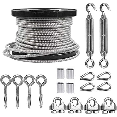 TooTaci Edelstahl Drahtseil 5mm, Edelstahlseil 5mm Set, Stahlseil 5mm/30M,Stahlseil Ummantelt,Stahlseil mit ösen,Spannschloss Seilspanner Edelstahl M6,Drahtseilklemme 5mm für Gardinenseil, Hängen… Cover