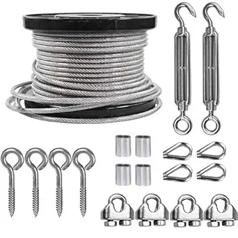 TooTaci PVC Coated Stainless Steel Wire Rope Aircraft Cable,100-Feet-by-1/8-Inch Thru 3/16-Inch & Cable Railing Kit 2PACK