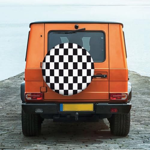 Image of Checkered Racing Flag Spare Tire Cover Black and White Symbolic Design of End of Car Race Polyester Universal Wheel Tire Cover for Trailer Camping Weatherproof for Rv SUV Truck Camper Travel 15 inch