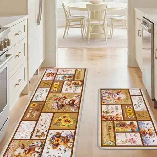 Highland Cow Kitchen Mats Decor, Sets of 2 Non Slip Rustic Farmhouse Kitchen Rugs, Washable Highlands Cattle Mat for Indoor Farmhouse Home Floor Decorations 16x28 and 16x47 Inch