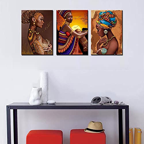 African Women Portrait Canvas Wall Art For Living Room Decor 3 Pieces Colorful Weird African Girl Oil Paintings Brown Kitchen Wall Decor Artwork Home Decor Room Wall Pictures Framed 42X20 Inch #TOP1