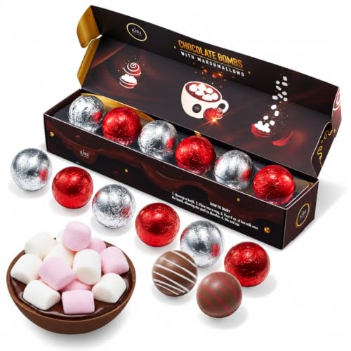 Hot Chocolate Bombs Marshmallow Filled Balls - Set of 6-2 Flavors White & Red Swirl Caramel & Fudge Brownie Candy Chocolates Winter - Best Cocoa Filled Marshmallows - Bomb Gift Set, Delicious Gifts