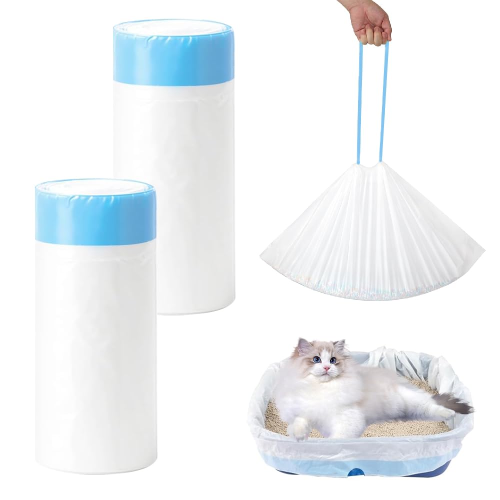 Huanfeimo White/Blue Cat Litter Tray Liners With Drawstring, Leak Proof, 40Pcs