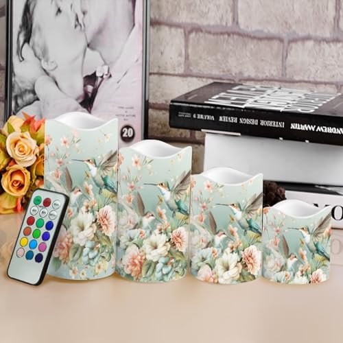 Image of Green Hummingbird Plastic Flameless Candles with Remote Control and Timer LED Flickering Battery Operated Color Changing Electric Pillar Candles for Table Weddings Gifts Home Decoration