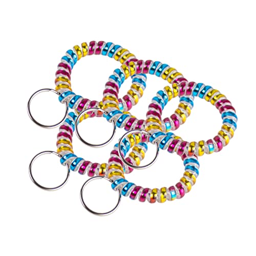 Image of Lucky Line 2 inch Diameter Spiral Wrist Coil with Steel Key Ring, Flexible Wrist Band Key Chain Bracelet, Stretches to 12 inch, Rainbow, 5 Pack (4100905)