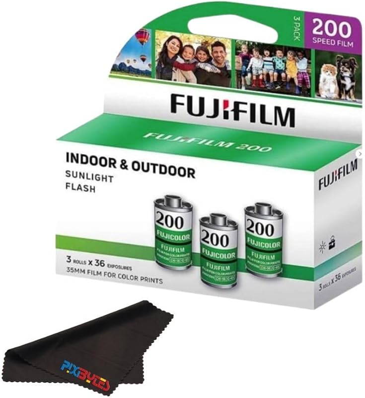 Fujifilm Fujicolor 200 ISO 35mm Color Film – 3 Pack (36 Exposures Each) + PixiBytes Microfiber Cleaning Cloth Color Negative Film (200 Speed, 1 Pack (3 Rolls))
