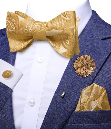Image of Dubulle Self Tie Bow Ties and Lapel Pin for Men Paisley Solid Mens Bowtie and Handkerchief Cufflinks Set Wedding