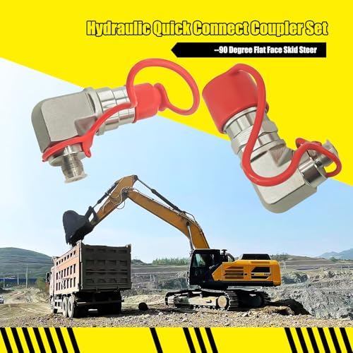 Image of 90 Degree Flat Face Hydraulic Quick Connect Coupler Set for Skid Steer,Elbow 3 /8 inch JIC Male Thread and Dust Cap,Heavy-Duty Carbon Steel