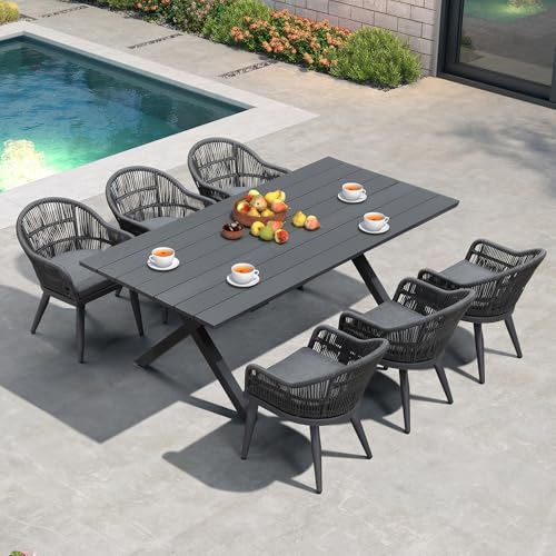 Image of PURPLE LEAF 7 Pieces Longer Patio Dining Set with Outdoor Aluminium Dining Table and Woven Chairs Modern Metal Furniture Cushions Sets for Garden Yard Indoor Decor Kitchen Gray