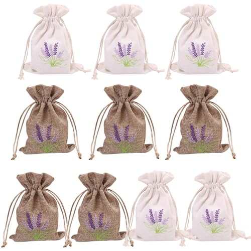 10 saquitos de lavanda para rellenar, bolsas vacías para bolsas de lavanda, color blanco y lino, cordón de algodón y lino, para lavanda, especias y hierbas (10 x 14 cm)