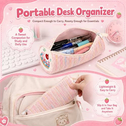 Image of Pink Strawberry Cake Pencil Pouch for School Girls, Large Capacity Cute Pencil Case, Stationery Organizer | Spacious Storage | Lightweight | Multi-Use | Aesthetic | College Ready