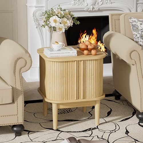 Image of Furniway Mid Century Nightstands Set of 2, Fluted Bedside Tables with Sliding Door Storage, Wooden End Tables with Solid Wood Legs for Bedroom, Natural
