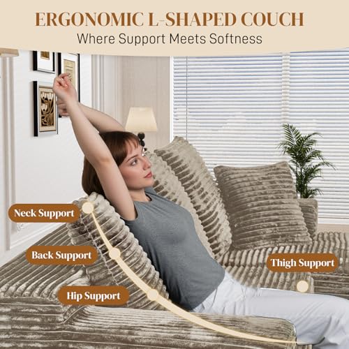 Image of 108 inch L Shaped Boneless Sectional Couches for Living Room, Comfy Corduroy Floor Cloud Sofa with Chaise, Wide Armrest, Deep Seat, Memory Foam, Assembly Free, Ideal for Small Spaces, Brown