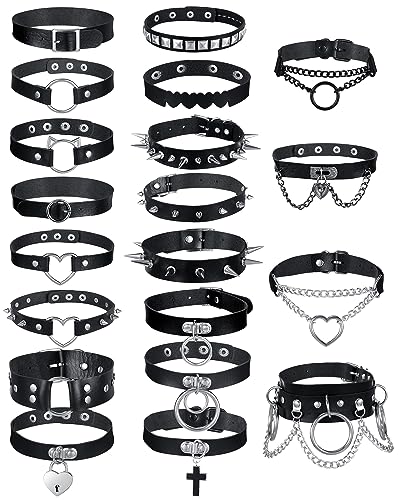 Sasylvia 20 Pcs Punk Leather Choker Necklaces Bulk Gothic Spiked Choker Set for Women Adjustable Black PU Leather Goth Studded Rock Necklaces Rivet Spike Halloween Costume Cosplay Accessories