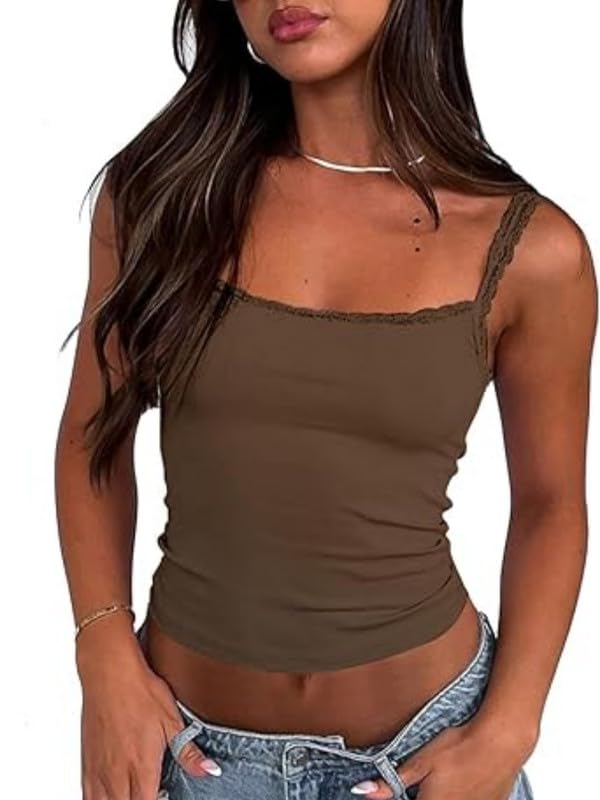 Haibang Tank Top Damen Sexy Gerippt Spaghetti Top Spitzenbesatz Cami Top...